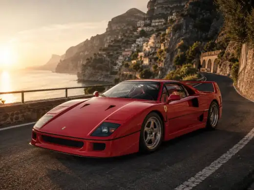 Red Ferrari F40 on a coastal road at sunset